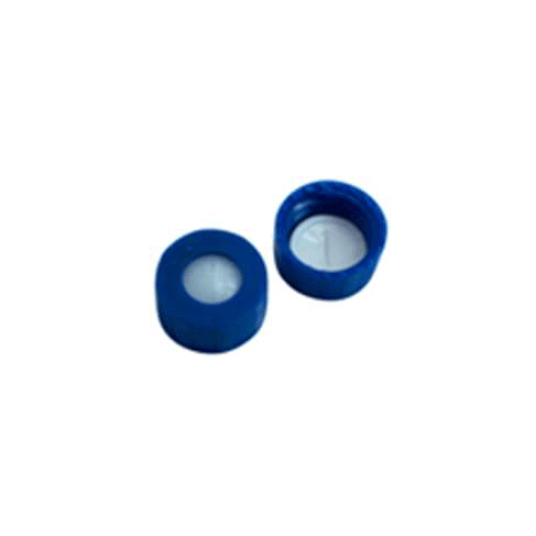 9mm Blue PP Short Thread Screw Cap, Centre Hole with UltraBond Beige Silicone/White PTFE Pre-Slit Septa, 100pk