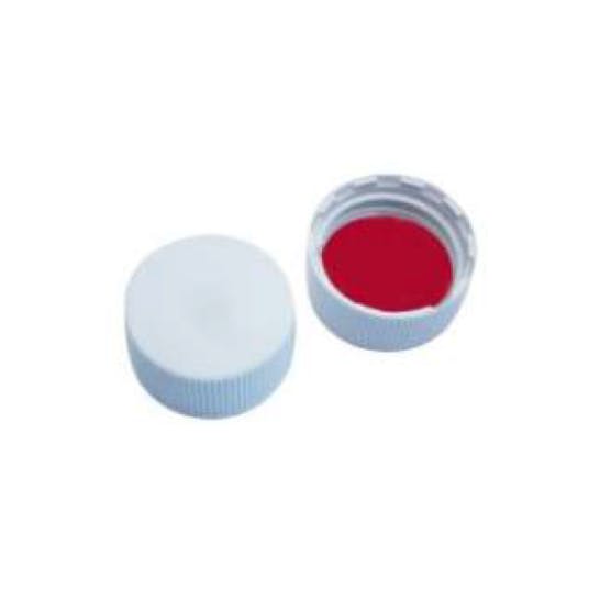 20mm (20-400 Thread) White PP Screw Cap, Closed Top with White Silicone/Red PTFE Liner, 100pk