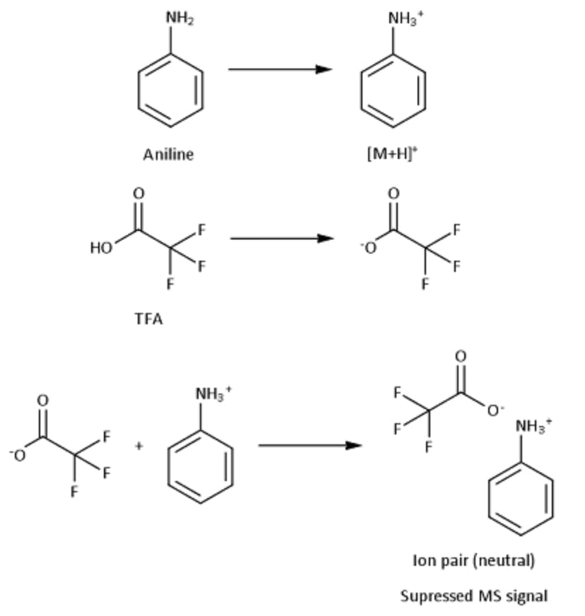 Formation of ion pair between aniline and TFA resulting in MS signal suppression